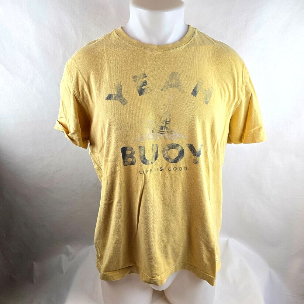 Life is Good Shirt Mens Medium Yellow Crusher Tee Yeah Buoy Outdoors Swim Boat